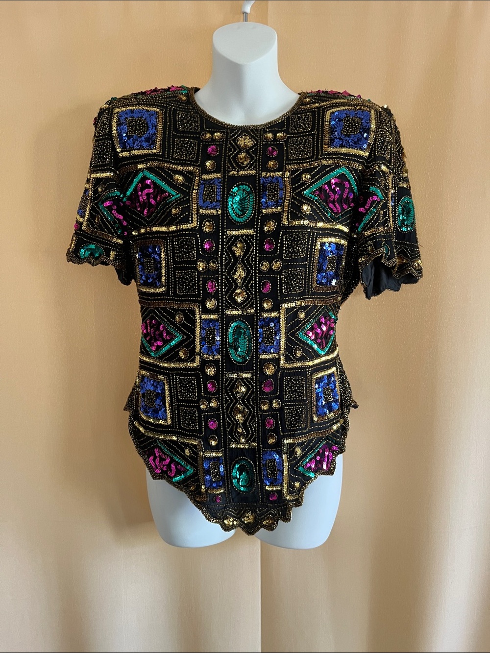 Unique Vintage Black Beaded Short Sleeve Top with Multicolor Sequins
